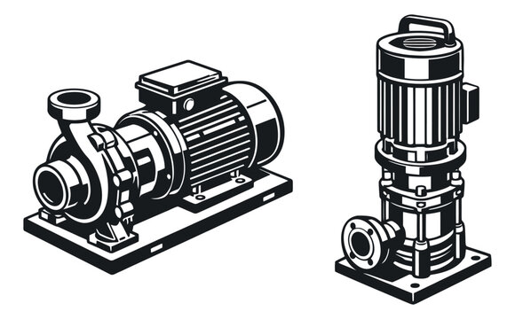 Black and white line art industrial pump set featuring a horizontal centrifugal pump and a vertical multistage pump for fluid transfer systems