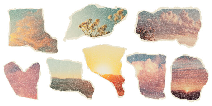 Torn paper collage elements, scrapbook paper pieces, irregular ripped shapes with sky and nature scenes, subtle grain overlay, warm retro color palette, vector illustration