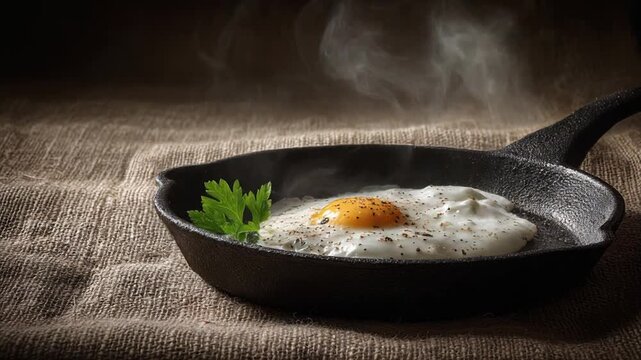 A freshly fried egg, seasoned with pepper, rests in a cast-iron skillet, steaming