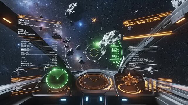 Spaceship cockpit view navigating asteroid field in deep space