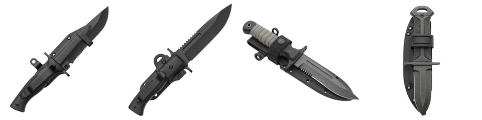Set of Tactical Military Combat Knife Collection, Modern Army Survival and Close Combat Weapon, Realistic Defense Tool Illustration for War, Security and Strategy Concepts, isolated on transparent PNG