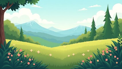 Idyllic Landscape with Rolling Hills, Mountains and Trees