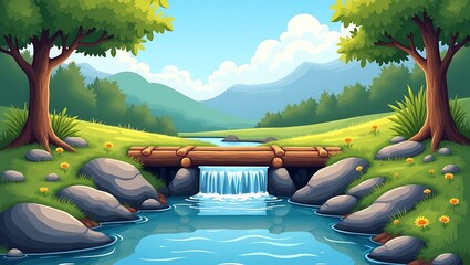 Charming Cartoon Landscape with Log Bridge and Waterfall