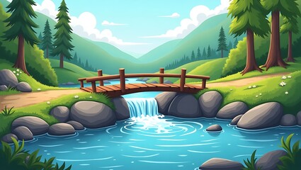 Serene Forest Bridge over a Waterfall