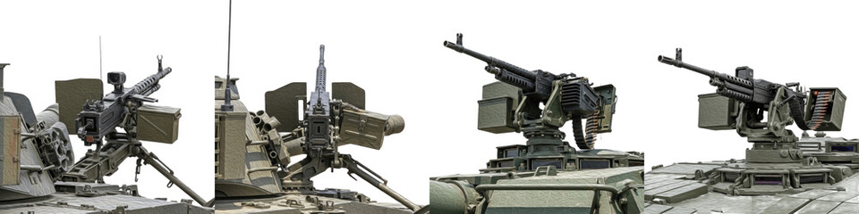 Set of Mounted Military Machine Gun Weapon Collection, Modern Army Heavy Turret Defense System, Realistic Combat Firearm Illustration for War, Security and Strategy Concepts, isolated on transparent P © Zohan
