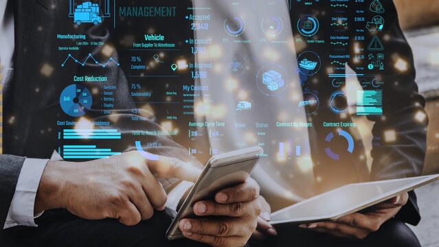 Supply chain management interface showing delivery routes, warehouse efficiency, cost savings, vehicle tracking, procurement ROI, and contract stages. Futuristic supply chain monitoring system. Thunk - Powered by Adobe