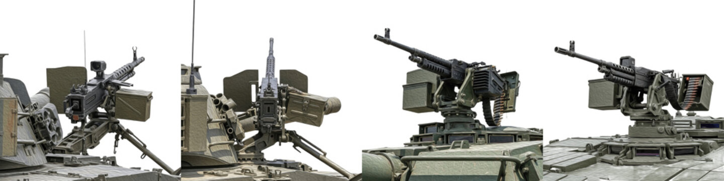 Set of Mounted Military Machine Gun Weapon Collection, Modern Army Heavy Turret Defense System, Realistic Combat Firearm Illustration for War, Security and Strategy Concepts, isolated on transparent P