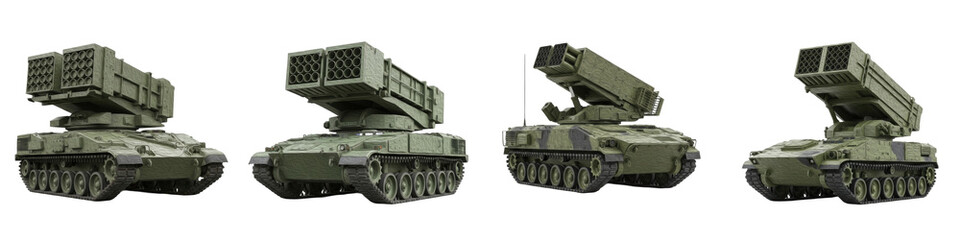 Set of Tracked Military Missile Launcher Vehicle Collection, Modern Army Rocket Artillery Tank, Realistic Heavy Defense Weapon Illustration for War, Security and Strategy Concepts, isolated on transpa