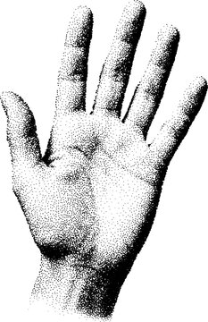 Black and white halftone illustration of an open hand palm up Retro comic pop art newspaper photo style with dotted texture isolated on white background