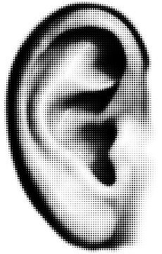 Black and white halftone illustration of a human ear. Retro comic pop art newspaper photo style with dotted texture isolated on white background