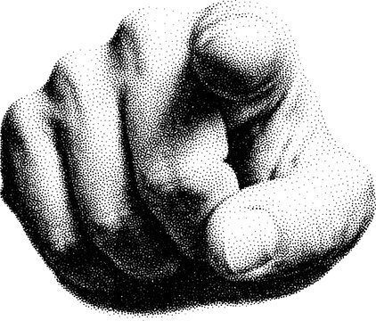 Black and white halftone illustration of a hand with finger pointing forward toward the viewer. Retro comic pop art newspaper photo style with dotted texture isolated on white background