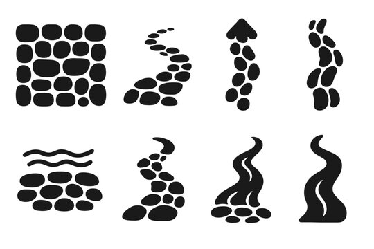 Flowing Pebble Path. Solid style icons of a current arranging cobbles as a guide: flowing pebble grid, current-shaped path,