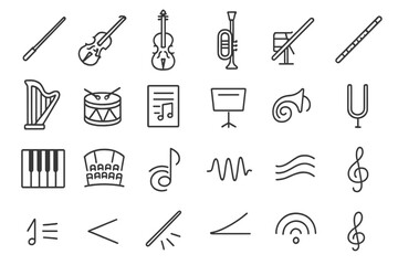 Obraz premium Symphony Icon Collection. Line style icons of symphony elements: conductor baton, violin, cello, trumpet, flute, harp, drum, sheet