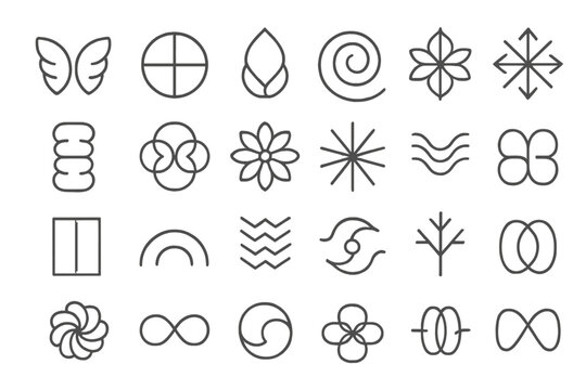 Symmetrical Iconography. Line style icons of abstract symmetry: mirrored wings, circle balance, dual form, spiral harmony,