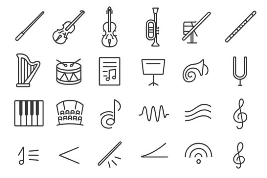 Symphony Icon Collection. Line style icons of symphony elements: conductor baton, violin, cello, trumpet, flute, harp, drum, sheet