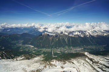 View of the city of Chamonix in France from a mountain Aiguille du Midi in the Alps