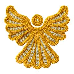 Fototapeta premium Golden and white crocheted angel design element, isolated on white, png