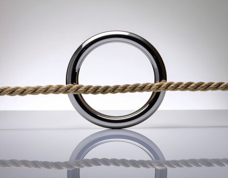 Braided rope pulled through metal ring connection tension and teamwork concept