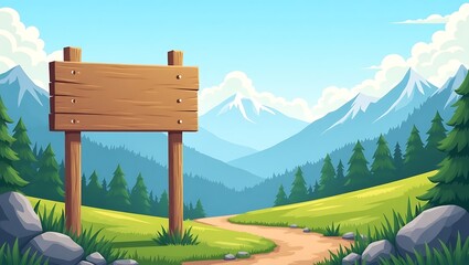 Empty Wooden Signboard in a Scenic Mountain Landscape