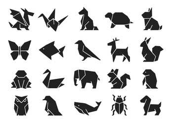 Obraz premium Origami Animal Icons. Solid style icons of Origami Creatures: folded dragon, paper crane, fox, turtle, rabbit, butterfly, fish,