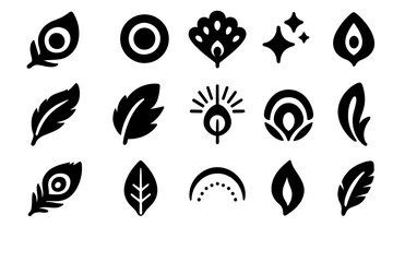 Peacock Feather Icons. Solid style icons of Peacock Eye Pattern: feather eye, color ring, plume fan, iridescent shine, curved