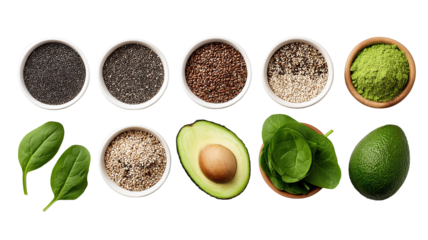 Superfood ingredients with seeds, avocado, spinach, and matcha, isolated on white, png