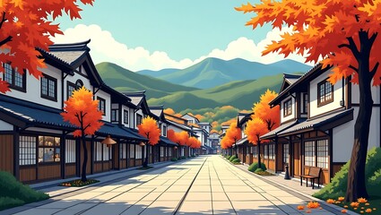 Autumn Street Scene in Traditional Japanese Town