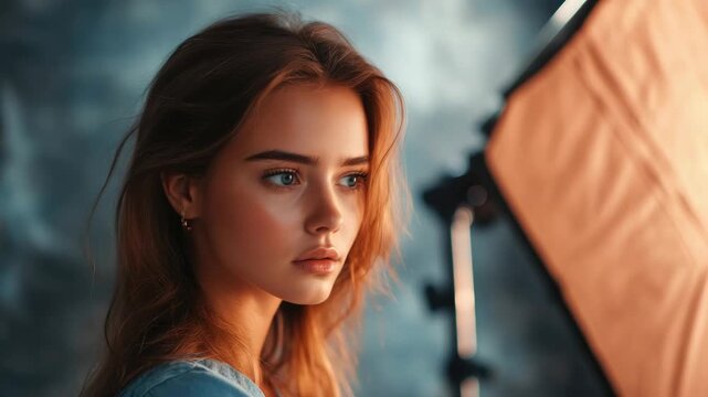 Beautiful young female with intense blue eyes looking to her right. Her red hair frames her face as she gazes intently, possibly posing for a portrait or fashion shoot.