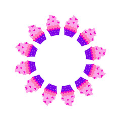 Cute round frame with cupcakes with hearts isolated on white background. Valentines day celebration.