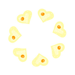 Cute round frame with heart shaped fried eggs isolated on white background. Valentines day celebration.