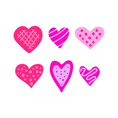 Set of cute pink hearts isolated on white background. Valentines day celebration.