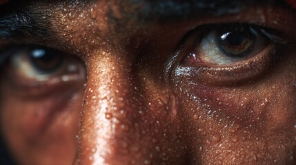 Intense Boxer's Eyes Close-Up with Sweat Beads and Focused Gaze