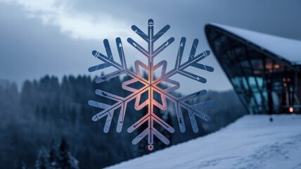 An elegant, abstract poster for the 2026 Winter Games. A single, intricate snowflake is geometrically constructed from minimalist icons of all winter sports.