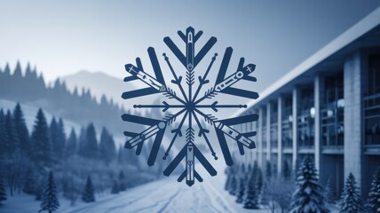 An elegant, abstract poster for the 2026 Winter Games. A single, intricate snowflake is geometrically constructed from minimalist icons of all winter sports.