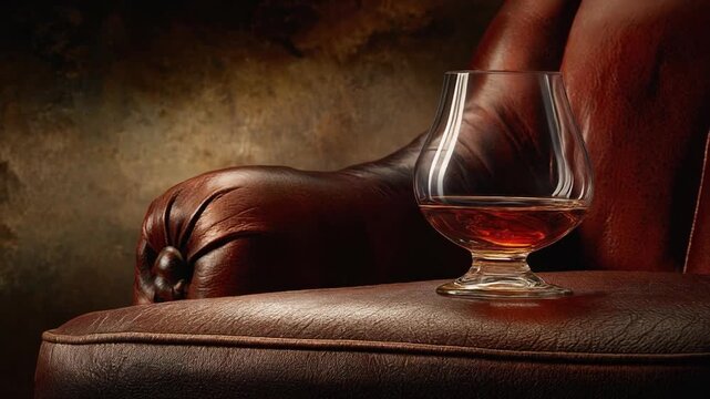 A snifter of amber liquid rests on a leather armchair, bathed in warm lighting and shadows