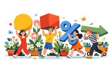 Image Generation. Sunny March street market scene filled with flowering plants growing around abstract sale shapes carried by