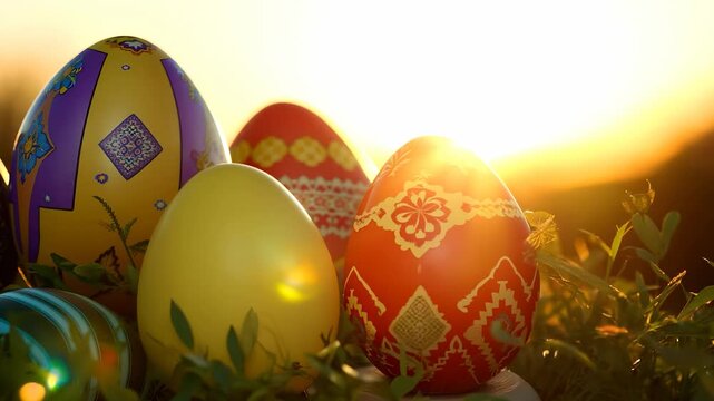 Colorful Easter eggs rest in foliage, illuminated by a soft sun setting in the background. These vibrant Easter eggs showcase intricate designs, enhancing the festive scene.