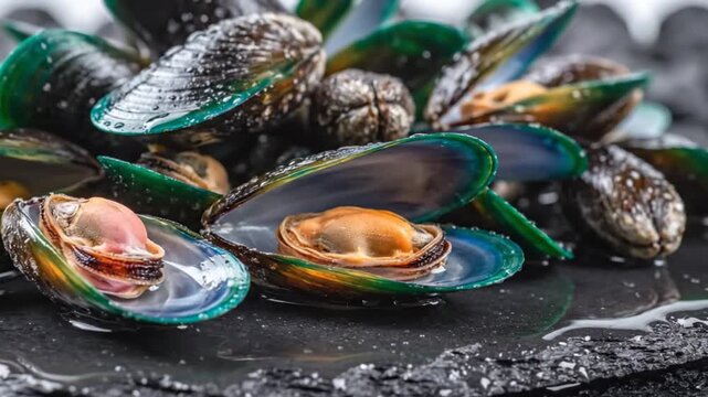 Close up view of fresh green mussels on a dark slate plate with a focus on their edible meat