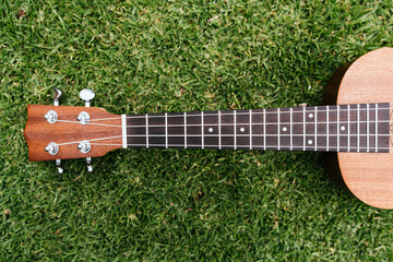 A classic brown acoustic ukulele with white wooden strings rests on the green grass like a folk musical instrument ready to play a jazz and rock music concert