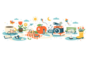 Naklejka premium Image Generation. Spring lifestyle panorama where paths, plants, and everyday items gently curve together, nothing dominating the