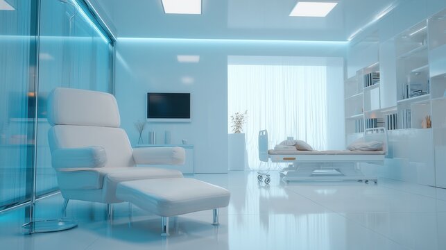 Modern medical room with white furniture and soft blue lighting.