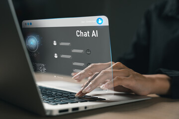AI chatbot interface on laptop screen with user typing. Concept of artificial intelligence, digital assistant, machine learning, and modern virtual communication. AI, chatbot, artificial, intelligence
