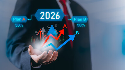 Businessman analyzing strategy options with growth charts for Plan A and Plan B in 2026. Concept of financial planning, investment decision, data analysis, and strategic business forecasting. planning