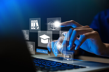 Concept of Online education. man use Online education training and e-learning webinar on internet for personal development and professional qualifications. Digital courses to develop new skills.