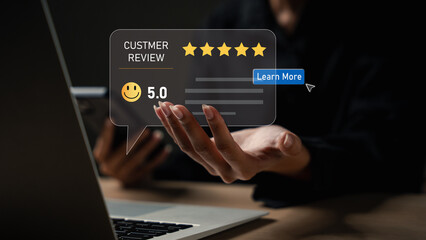 Customer with 5-star rating review. Concept of customer satisfaction, positive feedback, experience, online reviews, business reputation, and trust. customer, review, rating, feedback, satisfaction,
