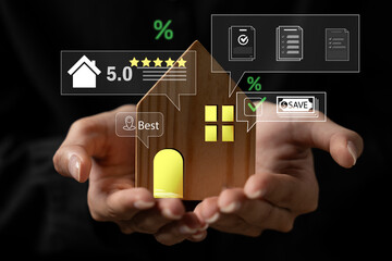house with digital icons of rating, location, checklist, and saving. Concept of real estate...