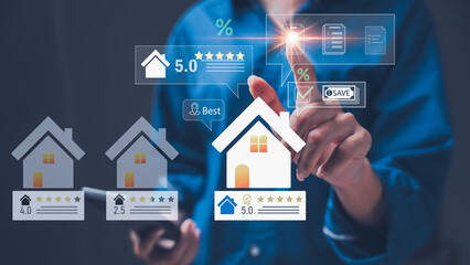 Man choosing top-rated house with review scores, location tag, Concept of real estate comparison,...