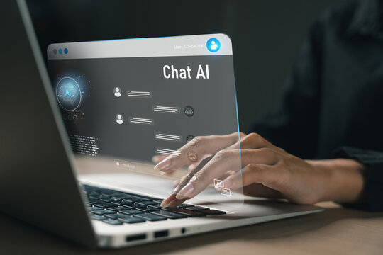 AI chatbot interface on laptop screen with user typing. Concept of artificial intelligence, digital assistant, machine learning, and modern virtual communication. AI, chatbot, artificial, intelligence - Powered by Adobe