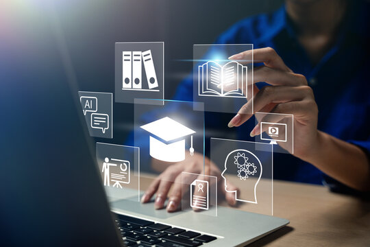 Concept of Online education. man use Online education training and e-learning webinar on internet for personal development and professional qualifications. Digital courses to develop new skills.