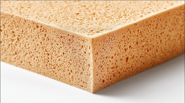 Beige sponge block with porous texture isolated on white.